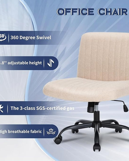 Armless Office Chair with Wheels Wide Desk Chair Leather Mid Back Accent Chair Padded Swivel Vanity Chair for Girl Women Computer Task Chair for Home Office (Linen, Beige) - LeafyLoom