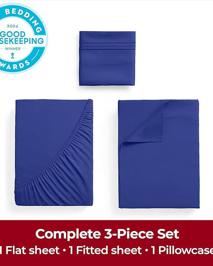 Mellanni Extra Deep Twin Sheets - 3 PC Iconic Collection Bedding Sheets & Pillowcases - Hotel Luxury, Ultra Soft, Cooling Bed Sheets - Extra Deep Pocket up to 21 inch (Twin, Royal Blue) - LeafyLoom