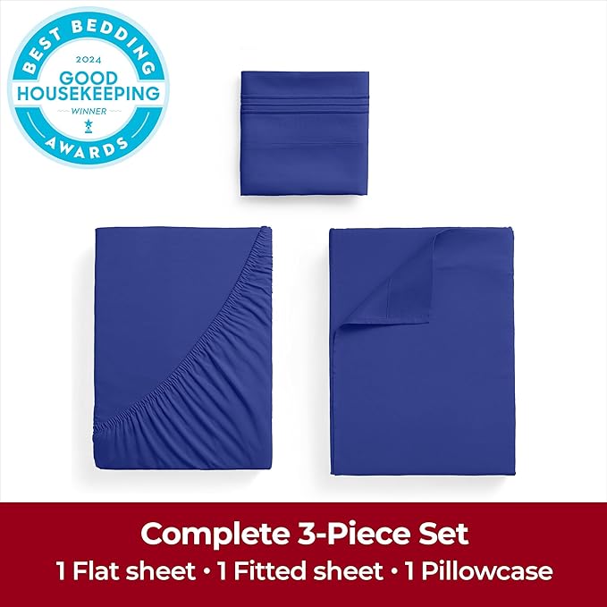Mellanni Extra Deep Twin Sheets - 3 PC Iconic Collection Bedding Sheets & Pillowcases - Hotel Luxury, Ultra Soft, Cooling Bed Sheets - Extra Deep Pocket up to 21 inch (Twin, Royal Blue) - LeafyLoom