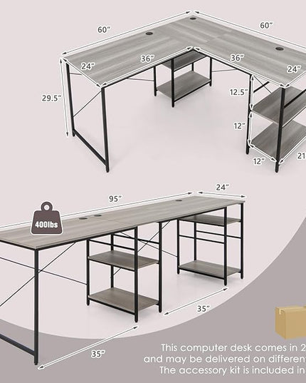 L-Shaped Home Office Desk, Corner Computer Desk w/Monitor Stand, Reversible PC Desk w/Heavy-Duty Metal Frame, Long Office Desk for 2 Person, Space-Saving Design (Grey) - LeafyLoom