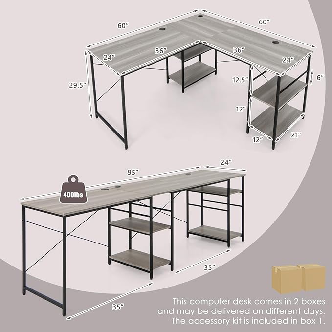 L-Shaped Home Office Desk, Corner Computer Desk w/Monitor Stand, Reversible PC Desk w/Heavy-Duty Metal Frame, Long Office Desk for 2 Person, Space-Saving Design (Grey) - LeafyLoom