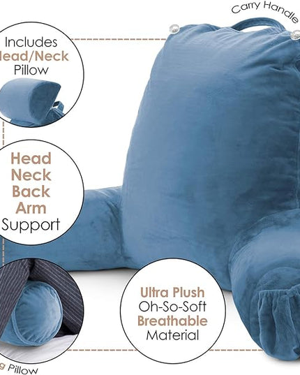 Clara Clark Reading Pillow, Large Back Pillow for Sitting Up in Bed, Memory Foam Back Support Pillow, Reading Pillows for Sitting in Bed Adult, Blue Heaven Sit Up Pillow for Bed with Arms and Pockets - LeafyLoom