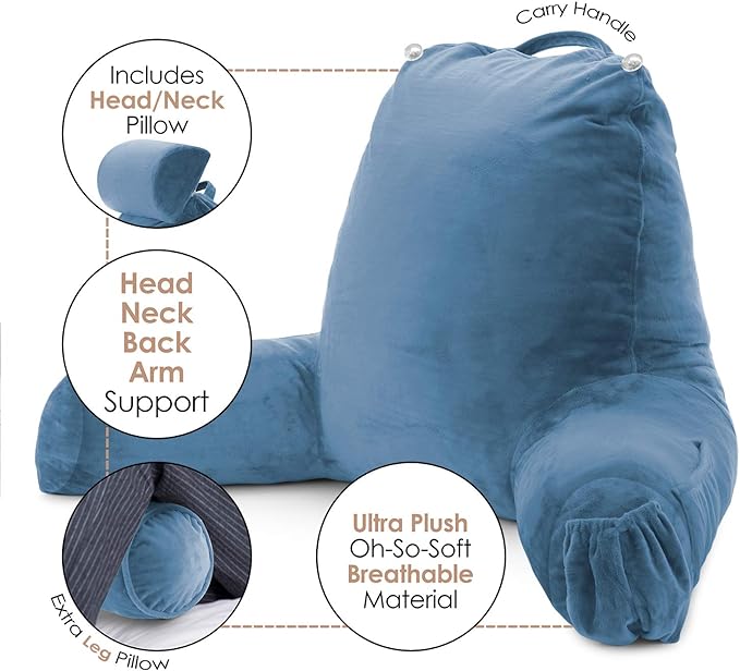 Clara Clark Reading Pillow, Large Back Pillow for Sitting Up in Bed, Memory Foam Back Support Pillow, Reading Pillows for Sitting in Bed Adult, Blue Heaven Sit Up Pillow for Bed with Arms and Pockets - LeafyLoom