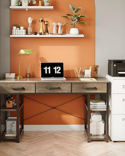 ODK Office Small Computer Desk: Home Table with Fabric Drawers & Storage Shelves, Modern Writing Desk, Grey Oak, 48"x16" - LeafyLoom