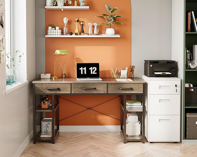ODK Office Small Computer Desk: Home Table with Fabric Drawers & Storage Shelves, Modern Writing Desk, Grey Oak, 48"x16" - LeafyLoom