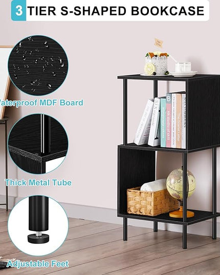 ETELI 3 Tier Small Bookshelf Black Book Shelf for Small Spaces S Shaped Bookcase Organizer for Office, Kids, Living Room Bedroom Home Corner - LeafyLoom
