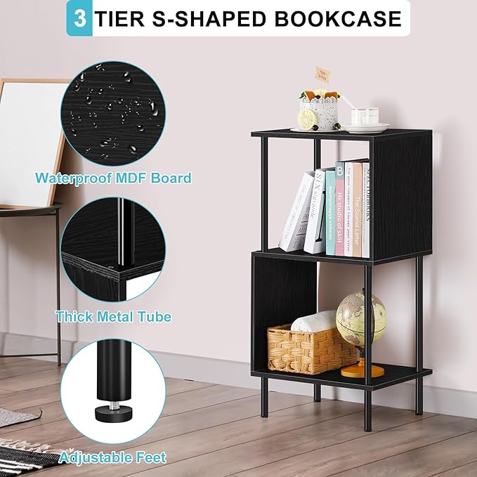 ETELI 3 Tier Small Bookshelf Black Book Shelf for Small Spaces S Shaped Bookcase Organizer for Office, Kids, Living Room Bedroom Home Corner - LeafyLoom
