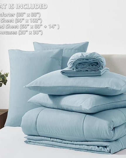 CozyLux Queen Size Comforter Sets - 7 Pieces Bed in a Bag Set Light Blue, Bedding Sets Queen with All Season Quilted Comforter, Flat Sheet, Fitted Sheet, Pillowcases, Light Blue, Queen - LeafyLoom