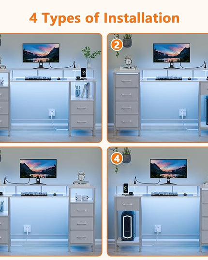 White Computer Desk with Power Outlets & LED Lights, Gaming Desk with 5 Fabric Storage Drawers, 47 Inch Home Office Desk with Monitor Stand Shelves for Working, Modern Vanity Desk for Bedroom - LeafyLoom