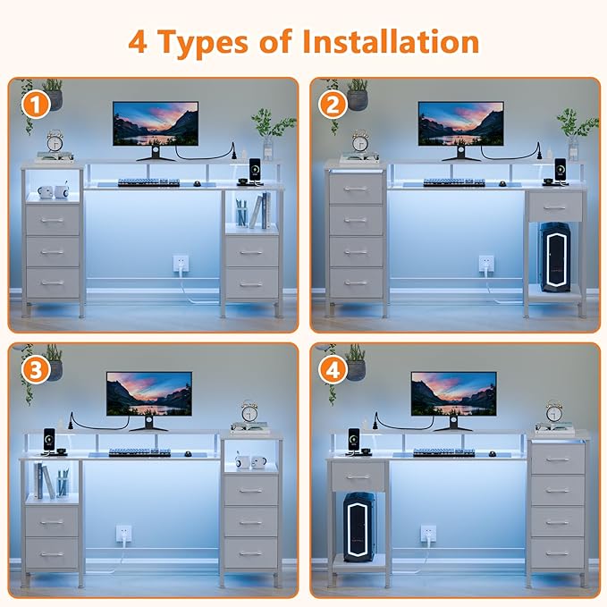 White Computer Desk with Power Outlets & LED Lights, Gaming Desk with 5 Fabric Storage Drawers, 47 Inch Home Office Desk with Monitor Stand Shelves for Working, Modern Vanity Desk for Bedroom - LeafyLoom