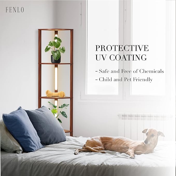 FENLO Fancy - LED Display Shelf with Dimmable Lights, LED Shelf Floor Lamps for Living Room, Sturdy Corner Shelf Curio Cabinet Display, Tall Floor Lamps with Shelves - LeafyLoom