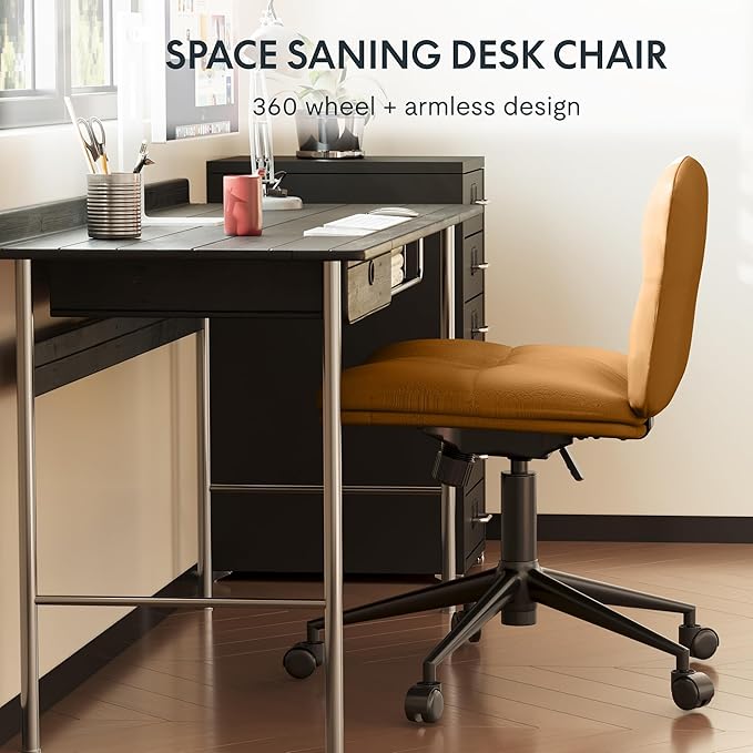 FLEXISPOT Criss Cross Chair with Wheels, Vanity Chair with High Back, Criss Cross Office Chair, Armless Desk Chair with Comfy Wide Seat Cushion for Home Office（Golden Brown） - LeafyLoom