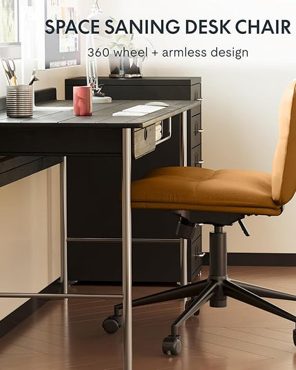 FLEXISPOT Cross Legged Office Chair for Vanity Desk Criss Cross Chair with Wheels Armless Office Chair Vanity Chair Comfy Wide Seat Cushion PU Leather(Brown) - LeafyLoom