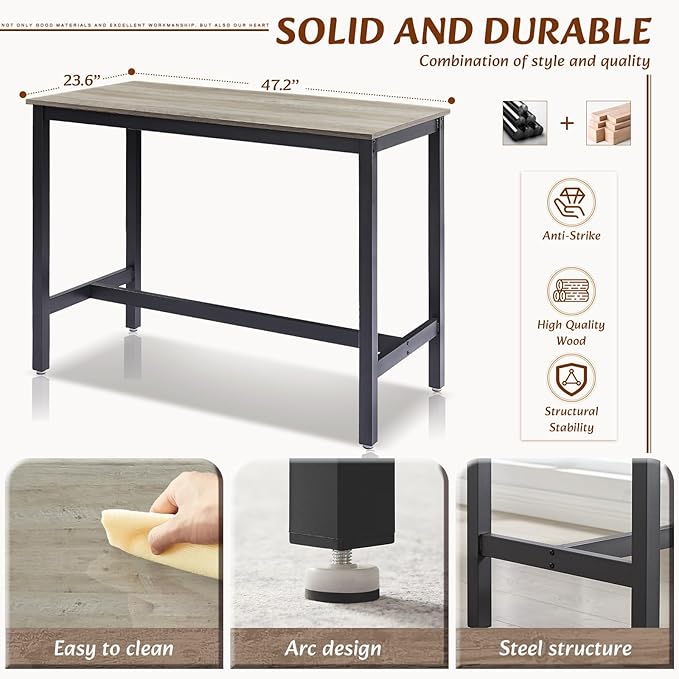 Dining Table Set for 4 Bar Table and Chairs Set, Industrial Counter Height Bar Table Set with 4 PU Upholstered Seat Stools with Backrest & Footrest, for Home & Kitchen Breakfast, Grey - LeafyLoom