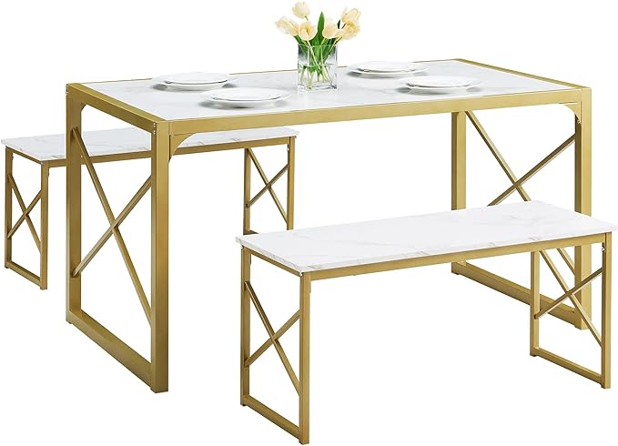 VECELO Kitchen Table with 2 Benches for 6,Wood Dining Room Dinette Sets with Metal Frame for Breakfast Nook and Small Space, 55", White&Gold - LeafyLoom