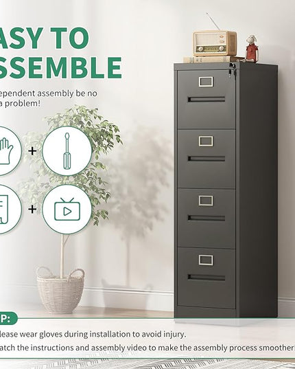 4 Drawer File Cabinet,Metal Filing Cabinets with Lock,Black Vertical File Cabinet for Home Office,Heavy Duty Metal Storage Cabinet for A4/Letter/Legal Size File,Assembly Required - LeafyLoom