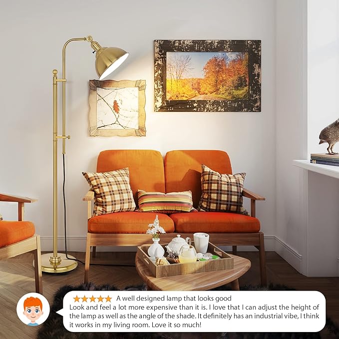 Gold Floor Lamp, 3 Color Temperature Standing Tall Pole Lamps, Adjustable Height & Head Reading Lamp, Industrial Floor lamps for Living Room, Bedroom, Office - LeafyLoom