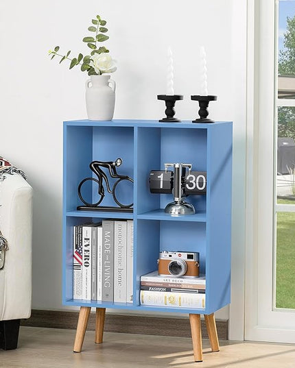 YAHARBO 4 Cube Bookshelf, Blue Small Kids Book Shelf with Cubby Storage,Wooden Modern Bookcase with Legs,2 Tier Freestanding Display Book Case Organizer,Bookshelves for Office,Nursery,Playroom - LeafyLoom