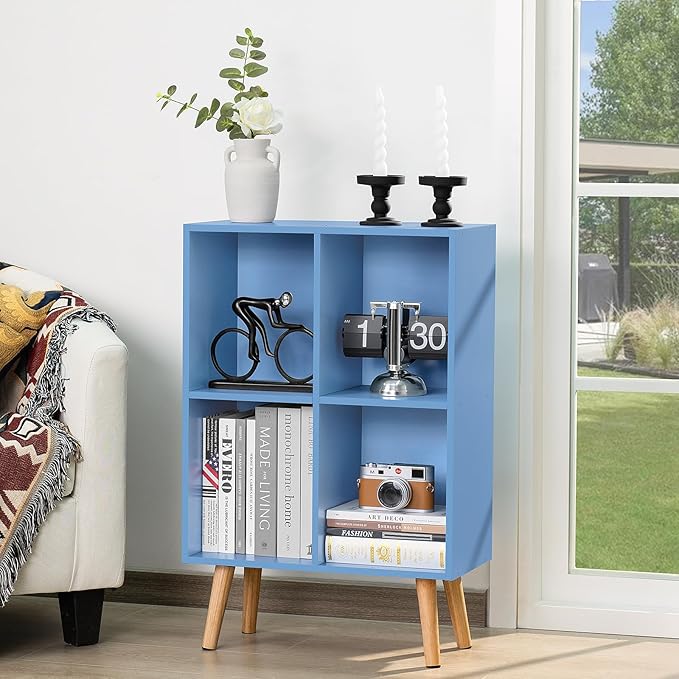 YAHARBO 4 Cube Bookshelf, Blue Small Kids Book Shelf with Cubby Storage,Wooden Modern Bookcase with Legs,2 Tier Freestanding Display Book Case Organizer,Bookshelves for Office,Nursery,Playroom - LeafyLoom