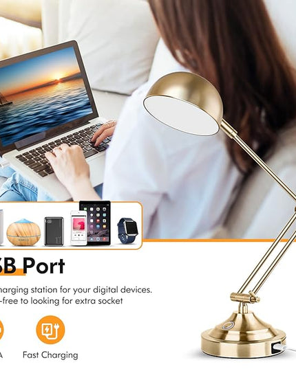 Architect Gold Desk Lamp Dimmable with USB Port, Adjustable Touch Control Vintage Desk Lamp 3 Color Modes, Brass Metal Desk Lamp Retro Style Reading Light for Home Office Desk Bedside Table - LeafyLoom