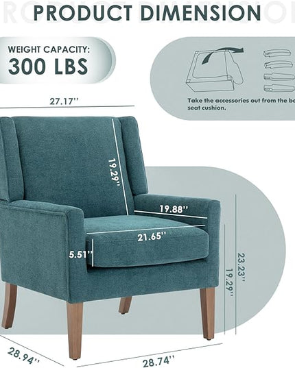 COLAMY Modern Wingback Living Room Chair, Upholstered Fabric Accent Armchair, Single Sofa chair with Lounge Seat and Wood Legs for Bedroom/Office/Reading Spaces, Teal - LeafyLoom