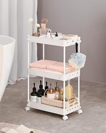 TOOLF Rolling Storage Cart, 3 Tier Utility Cart on Wheels, Bathroom Rolling Cart Organizer with Divider & Hooks, Mobile Shelving Unit Storage Cart for Laundry Kitchen Dorm, White - LeafyLoom