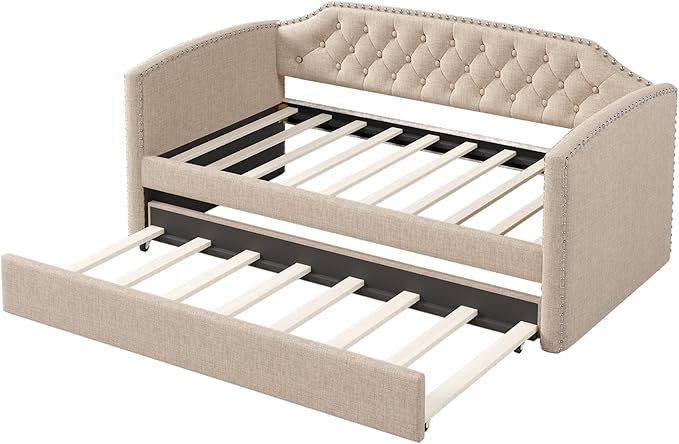 Merax Linen Upholstered Daybed with Twin Size Trundle Bed, Daybed Frame with Button Tufting for Living Room,Guest Room,Wood Slat Support, Beige - LeafyLoom