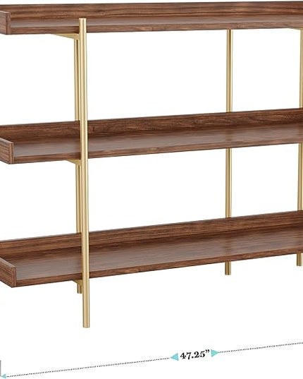 Martha Stewart Emmett 3 Shelf Bookcase with Vertical Metal Frame, Home Office Storage Display Unit, 35"H, Walnut Wood Grain/Polished Brass - LeafyLoom