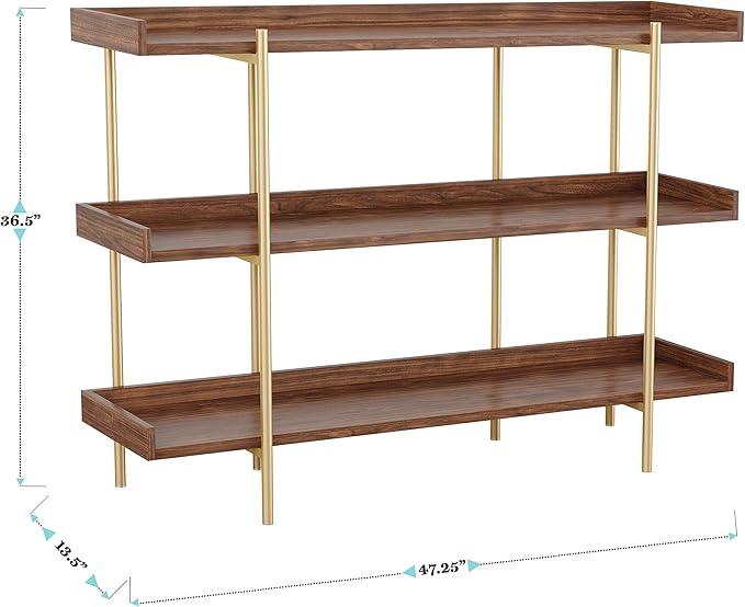 Martha Stewart Emmett 3 Shelf Bookcase with Vertical Metal Frame, Home Office Storage Display Unit, 35"H, Walnut Wood Grain/Polished Brass - LeafyLoom