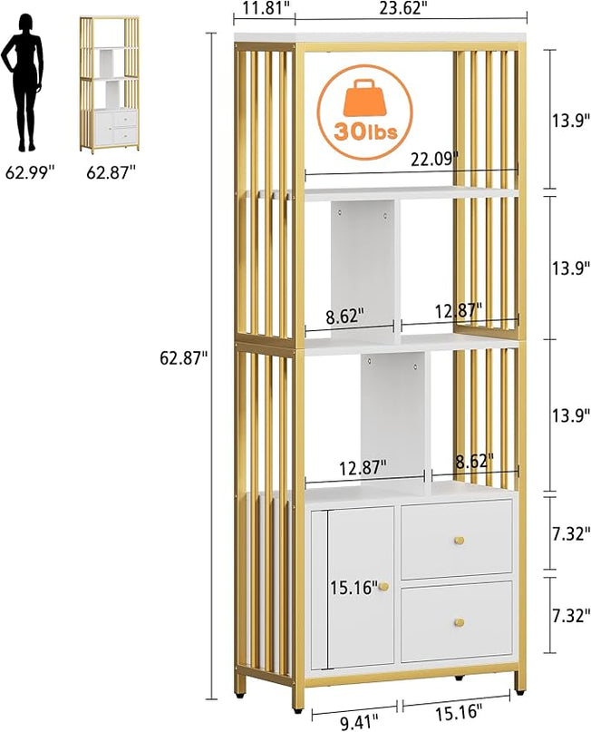 IDEALHOUSE Bookshelf with Drawers Modern Bookcase Storage Rack Shelf Tall Standing Bookshelves Metal Frame Large Gold Display Racks Book Shelf for Bedroom, Living Room, Home Office - LeafyLoom