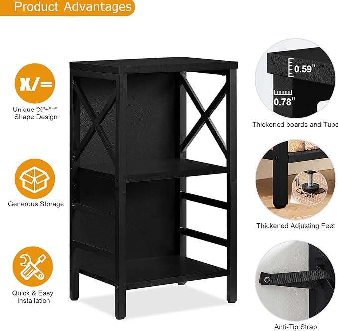 Bookcase, Industrial Small Bookshelf,3-Tier Bookcase Storage Organizer, Small Book Shelf for Small Spaces, Living Room, Bedroom and Home Office, Black - LeafyLoom