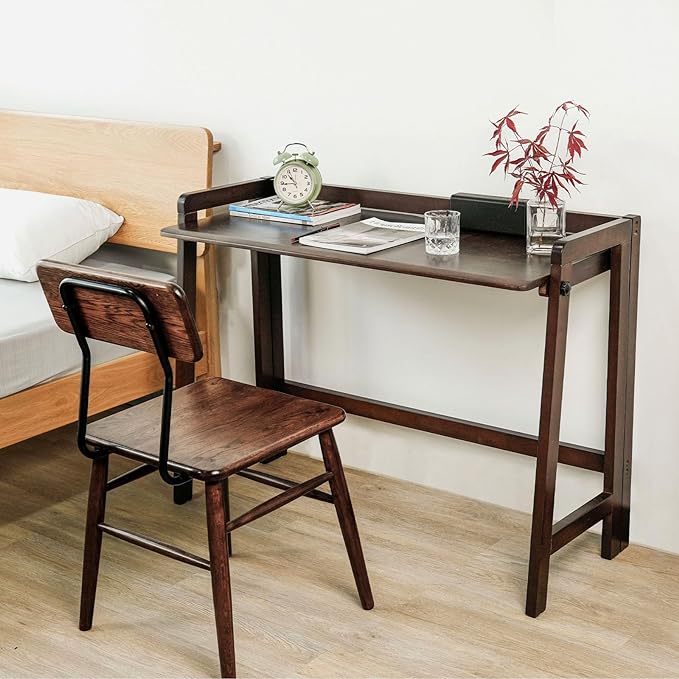 Computer Desk, Foldable Desk, Home Office Desks, Solid Wood Writing Desk, Mid Century Modern Desks, Oak Study Table, Folding Desks for Small Spaces, 39.4 W x 27.6 H x 13.6 D Inches, Walnut - LeafyLoom