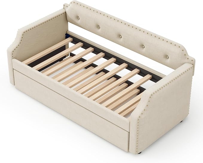 Twin Size Upholstered Daybed with Trundle, Wooden Day Sofa Bed Frame for Bedroom Living Guest Room, Wood Slat Support, Space Saving, Beige - LeafyLoom
