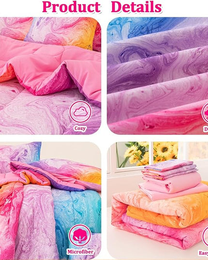 Girls Full Bedding Sets, 6 Pcs Pink Full Szie Comforter Set with Sheets, Watercolor Marble Abstract Art Superior Bedding Set for Girls Kids - LeafyLoom
