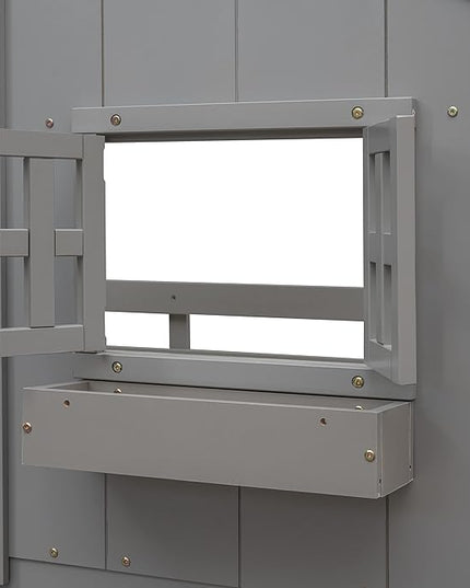 Twin Size House Bunk Bed with Roof, Door, Window and Small Box, Wooden Low Bunkbed Frame with Safety Guardrails and Ladder, for Kids Teens Bedroom, Twin Over Twin, Grey - LeafyLoom
