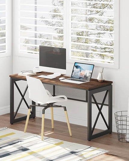 BON AUGURE 60 Inch Computer Desk for Home Office, Industrial Metal Wood Desk, Farmhouse Large Writing Desk, Modern Sturdy Gaming Desk (Rustic Oak) - LeafyLoom