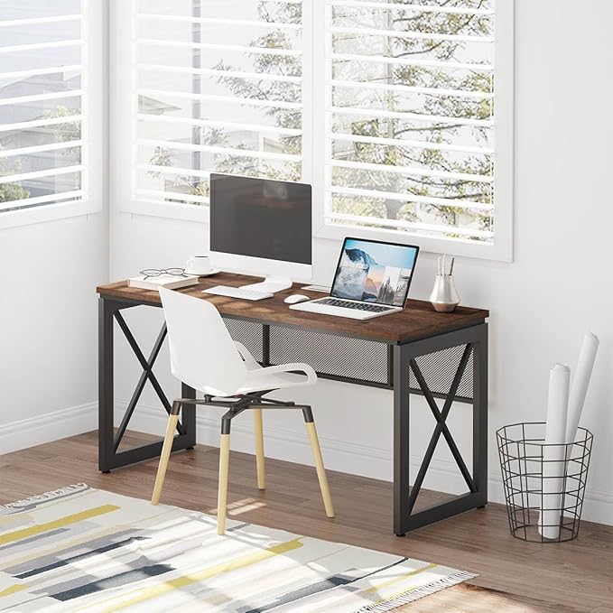 BON AUGURE 60 Inch Computer Desk for Home Office, Industrial Metal Wood Desk, Farmhouse Large Writing Desk, Modern Sturdy Gaming Desk (Rustic Oak) - LeafyLoom