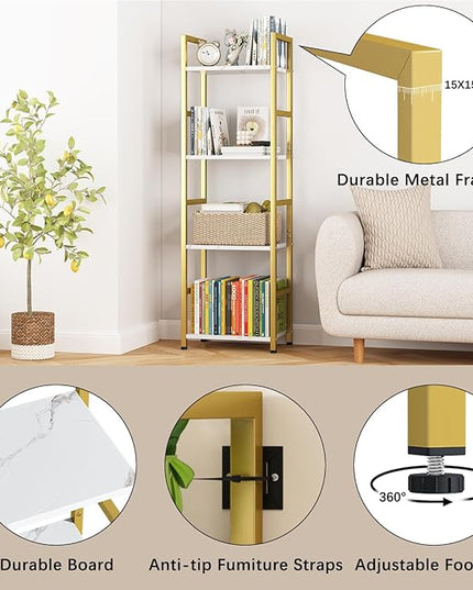 4 Tier Bookshelf, Small Book Shelf Industrial Bookcase, Metal Narrow Book Case Book Storage Organizer,Bookshelves for Bedroom Office Living Room(4 Tier,Gold) - LeafyLoom