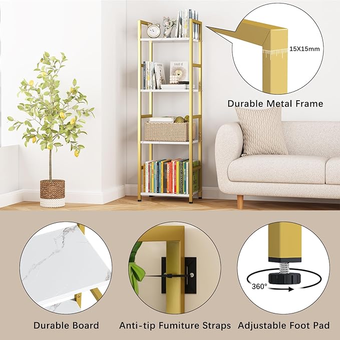 4 Tier Bookshelf, Small Book Shelf Industrial Bookcase, Metal Narrow Book Case Book Storage Organizer,Bookshelves for Bedroom Office Living Room(4 Tier,Gold) - LeafyLoom