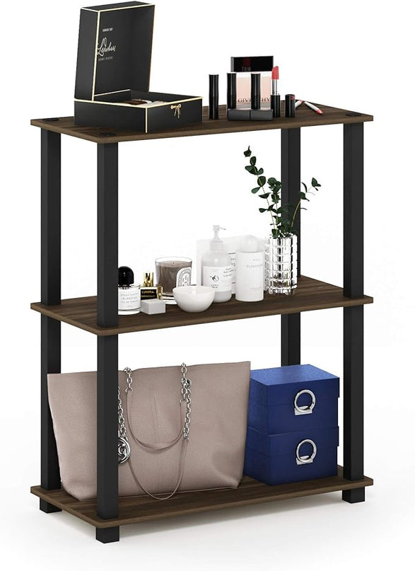 Furinno Turn-S-Tube 3-Tier Compact Multipurpose Shelf Display Rack with Square Tube, Columbia Walnut/Black - LeafyLoom
