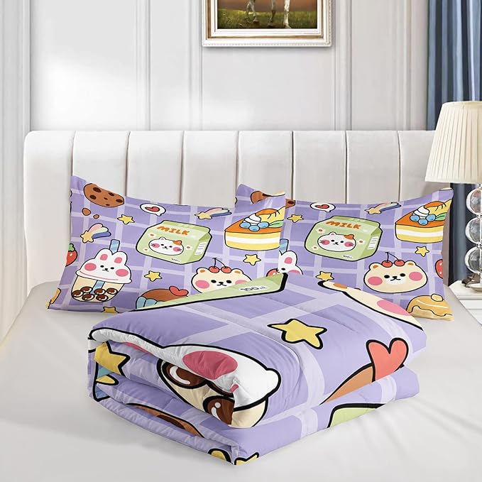 Kawaii Bear Comforter Set for Kids Teens Girls Women,Purple Bear Kids Comforter,1 Comforter with 2 Pillowcase, Microfiber 3 Piece Bedding Set,for All Seasons(Purple，King Size) - LeafyLoom