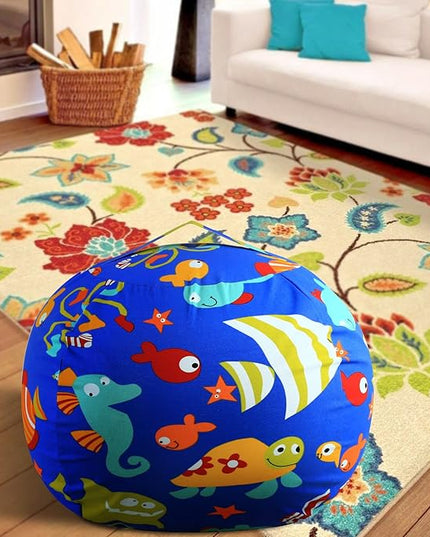 Stuffed Animal Storage Bean Bag Chairs Toy Storage Organizer Bean Bags Chair Cover for Kids 24" Cotton Canvas Beanbag with Zipper for Organizing Kid's and Adults Room, (Blue sea world, 24" x 1) - LeafyLoom