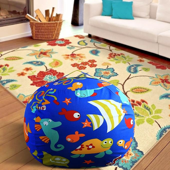 Stuffed Animal Storage Bean Bag Chairs Toy Storage Organizer Bean Bags Chair Cover for Kids 24" Cotton Canvas Beanbag with Zipper for Organizing Kid's and Adults Room, (Blue sea world, 24" x 1) - LeafyLoom