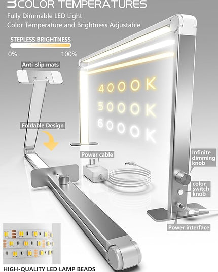 LED Desk Lamp 36W, 4000-6000K Dimmable Table Lamp, 3 Lighting Modes, Square Desk Light for Study, Model Building, Painting, Crafting-Silver - LeafyLoom