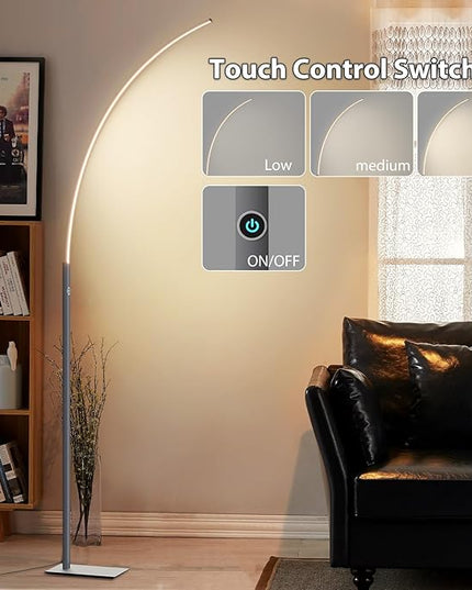 Arc Corner Floor Lamp - 3000K Warm White & 3 Brightness Presets - Curved LED Standing Lamp with Touch Switch - 63" Modern Floor Lamp for Living Room, Bedroom (Silver) - LeafyLoom