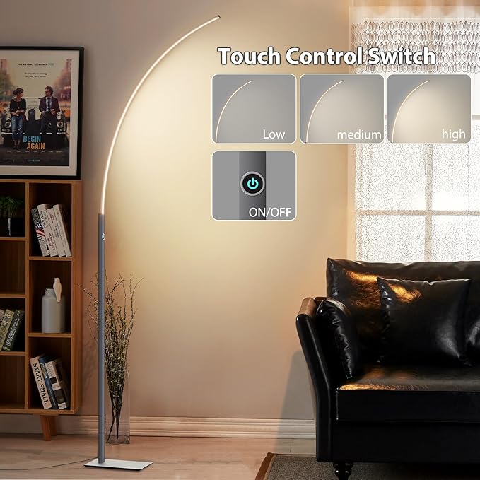 Arc Corner Floor Lamp - 3000K Warm White & 3 Brightness Presets - Curved LED Standing Lamp with Touch Switch - 63" Modern Floor Lamp for Living Room, Bedroom (Silver) - LeafyLoom