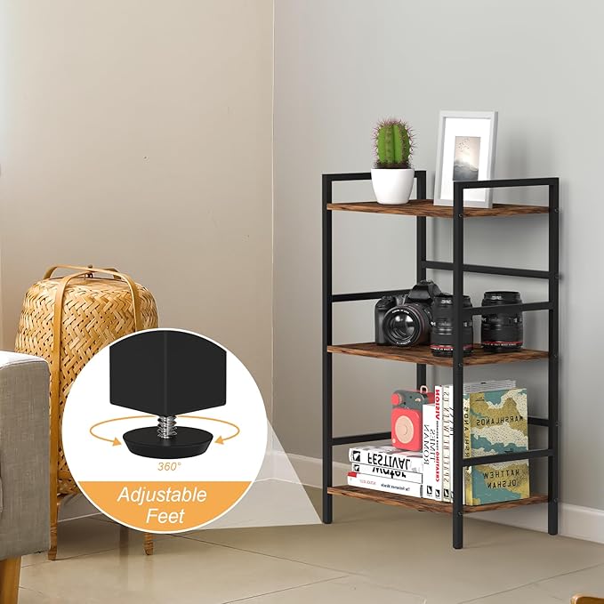 CADUKE 3 Tier Bookshelf Industrial Small Bookcase Wood and Metal Book Shelf Rustic Etagere Bookshelf Brown Bookshelves with Storage for Home Office Living Room Bedroom - LeafyLoom