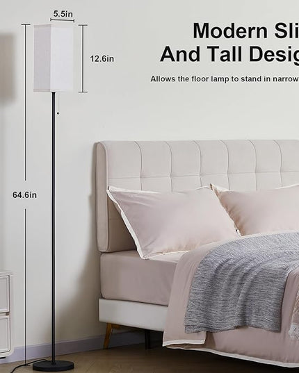 Tall Floor Lamp with Linen Shade - 3 Color Temperature, Black, LED Bulbs, Pull Chain Switch, Easy Assembly - LeafyLoom