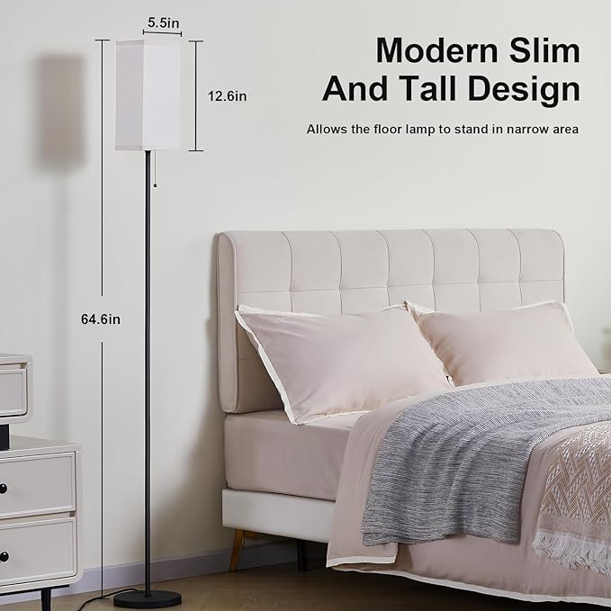 Tall Floor Lamp with Linen Shade - 3 Color Temperature, Black, LED Bulbs, Pull Chain Switch, Easy Assembly - LeafyLoom