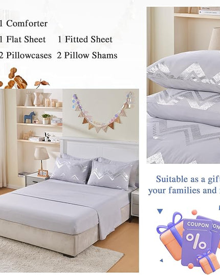 Wowelife Gray Comforter King Size 7 Pieces Silver Glitter Kids Bedding Set Bed in a Bag for Girls with Comforter, Flat Sheet, Fitted Sheet and 2 Pillowcases - LeafyLoom